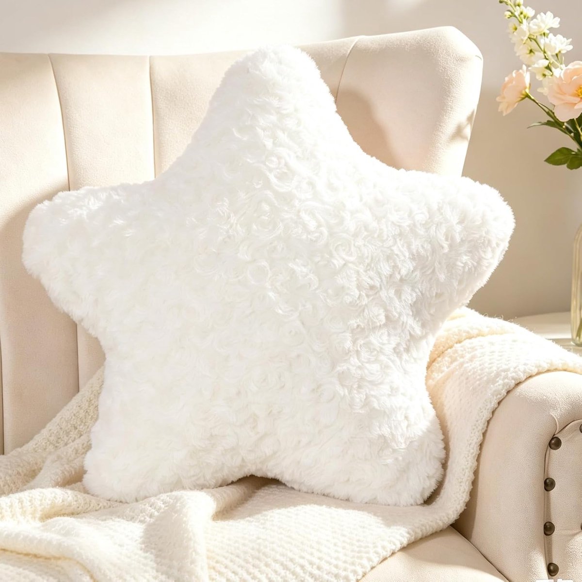 Wit stervormig kussen, knuffelkussen, schattig sierkussen, esthetisch, pluche ster sierkussen voor woonkamer, bank, kind, slaapkamer, bed, cadeau, 45 x 45 cm