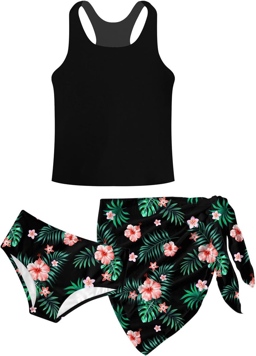 Zwemkostuum voor meisjes, 3-delig meisjesbikini, zomer, Hawaii-prints, zwempak, tankini voor kinderen, met bedekkende badpakken, vakantie, surfen, voor 8-14 jaar
