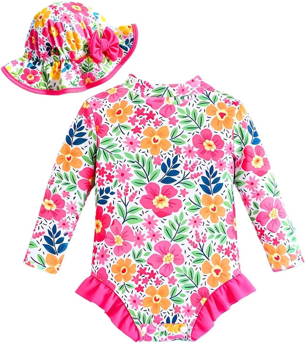 Badpak voor babymeisjes, lange mouwen, eendelig met hoed, uv-bescherming, ruches, bloemenpatroon, ritssluiting, strandmode voor peuters