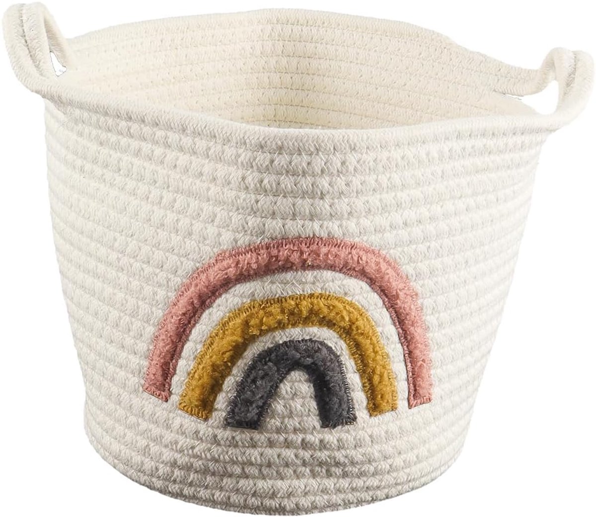 Opbergmand van katoenen touw, kleine ronde gevlochten mand met handvat, decoratieve regenboog-organizer voor handdoeken, dekens, speelgoed, kleding, geschenken