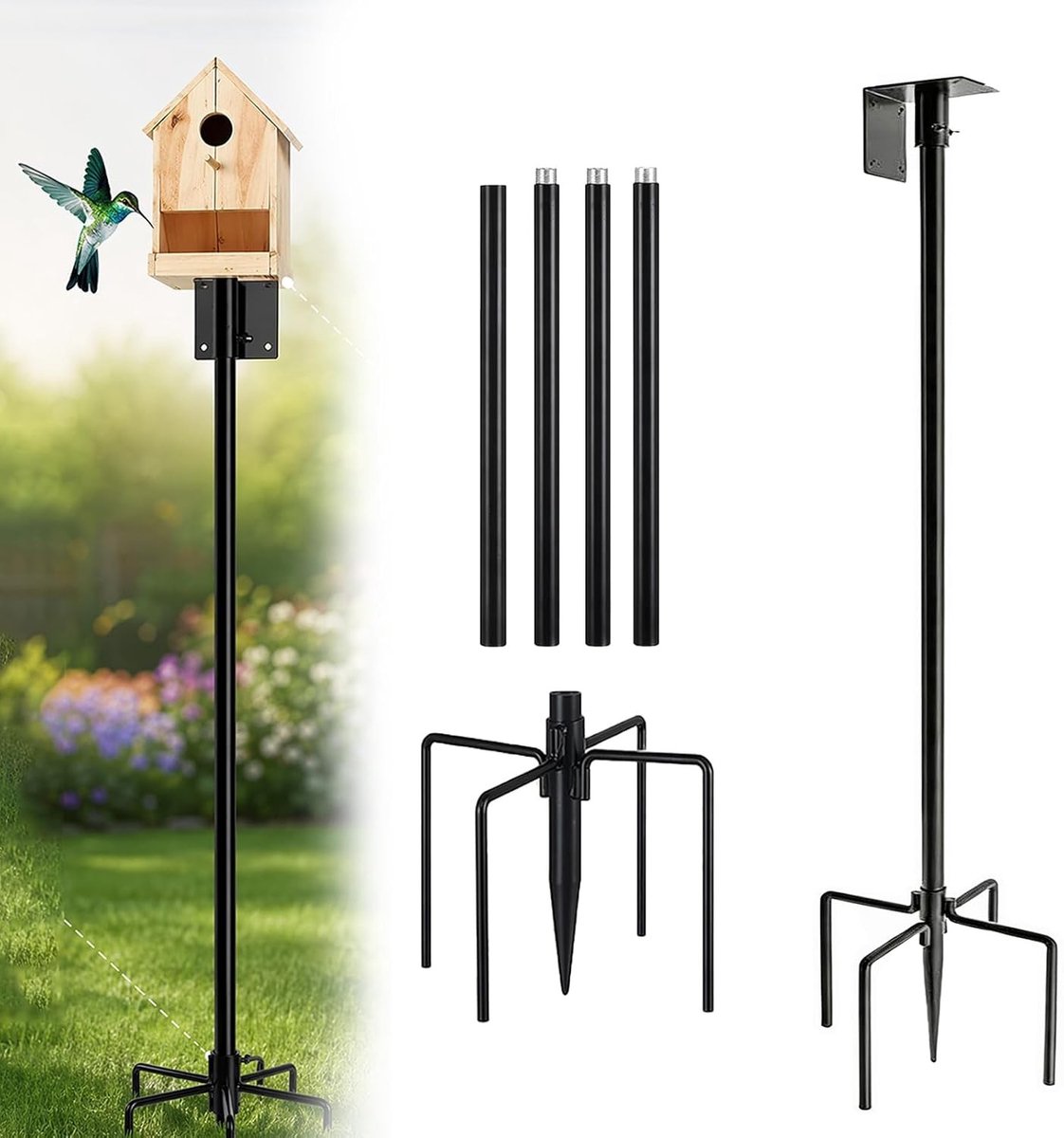 Metalen Vogelhuis Stand van 180 cm met 5 Pins, Universele Bevestigingsset voor Vogelvoederhuis en Tuinaccessoires, Ideaal voor Balkon en Buitenruimte