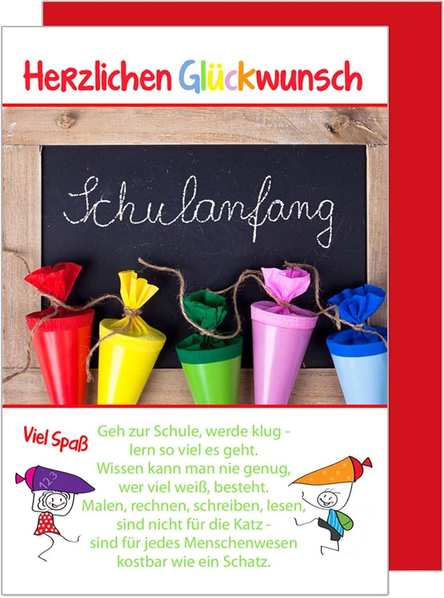 Seidel Premium wenskaart voor de eerste schooldag met envelop. Inschrijvingskaart wenskaart kind meisje jongen eerste schooldag spreuken (ES114 SW022)