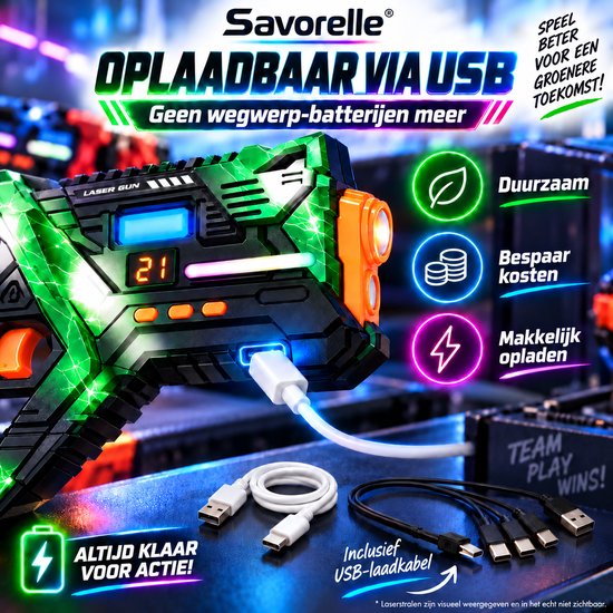 Groen laserpistool met USB-oplaadkabel. Duurzaam, kostenbesparend en makkelijk opladen. Geen wegwerpbatterijen meer.