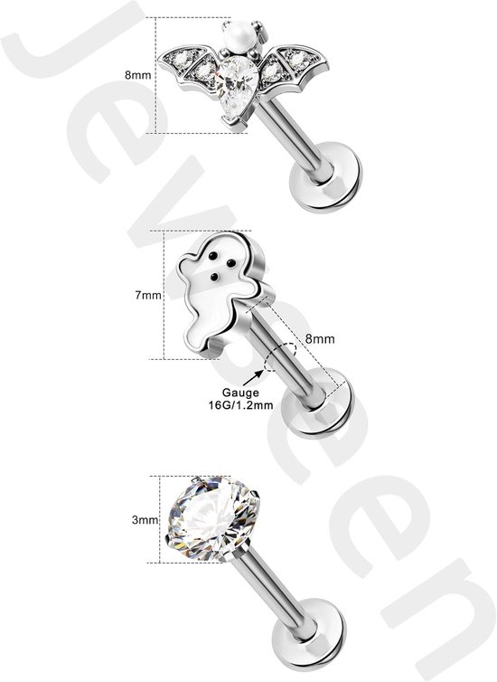 Halloween Platte Terug Oorbellen 3 STKS Kraakbeen Studs Bat Helix Oorbellen Intern Schroefdraad Neus Stud Tragus Piercing Sieraden — afbeelding 5