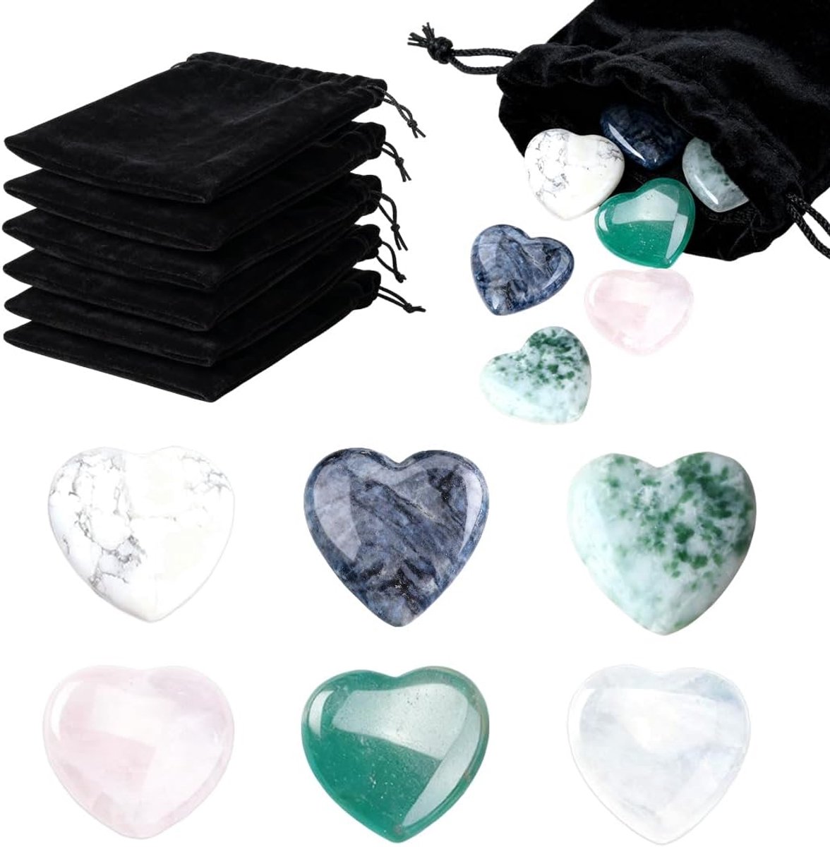 6 helende kristallen in hartvorm, natuurstenen, decoratieve stenen, voor knutselwerk, sieraden, meditatie, chakra-stenen