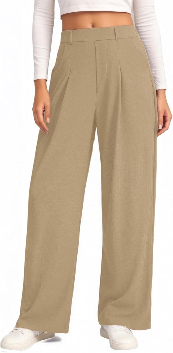 Broek voor dames, casual stoffen broek, losse wijde pijpen, palazzo-broek, wafelgebreid, hoge taille, elegant, business, comfortabele damesbroek met elastiek