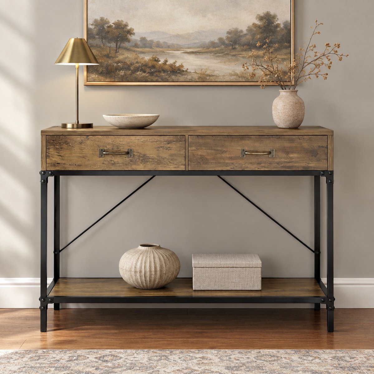 MODENUIT Sidetable 100 x 35 x 76,5 cm - 2 Lades En Onderplank - Hal En Woonkamer - Spaanplaat En Metaal Bruin En Zwart