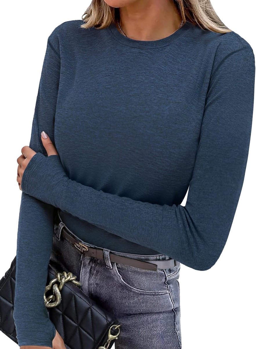 Sportshirt voor dames, lange mouwen, ronde hals, ademend, elastisch, zacht, thermisch, fitnessshirt met duimgat, workout, yoga, outdoor, herfst, winter, S-3XL