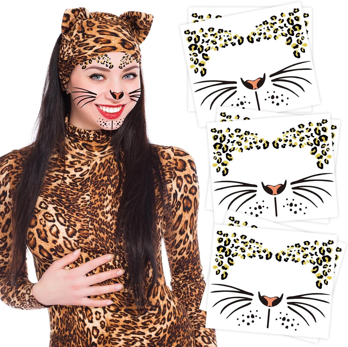 Face Art stickers, 6 stuks luipaard gezichtstattoo stickers, zelfklevende tijdelijke tatoeageset, voor carnaval, Halloween, party, make-up (B)