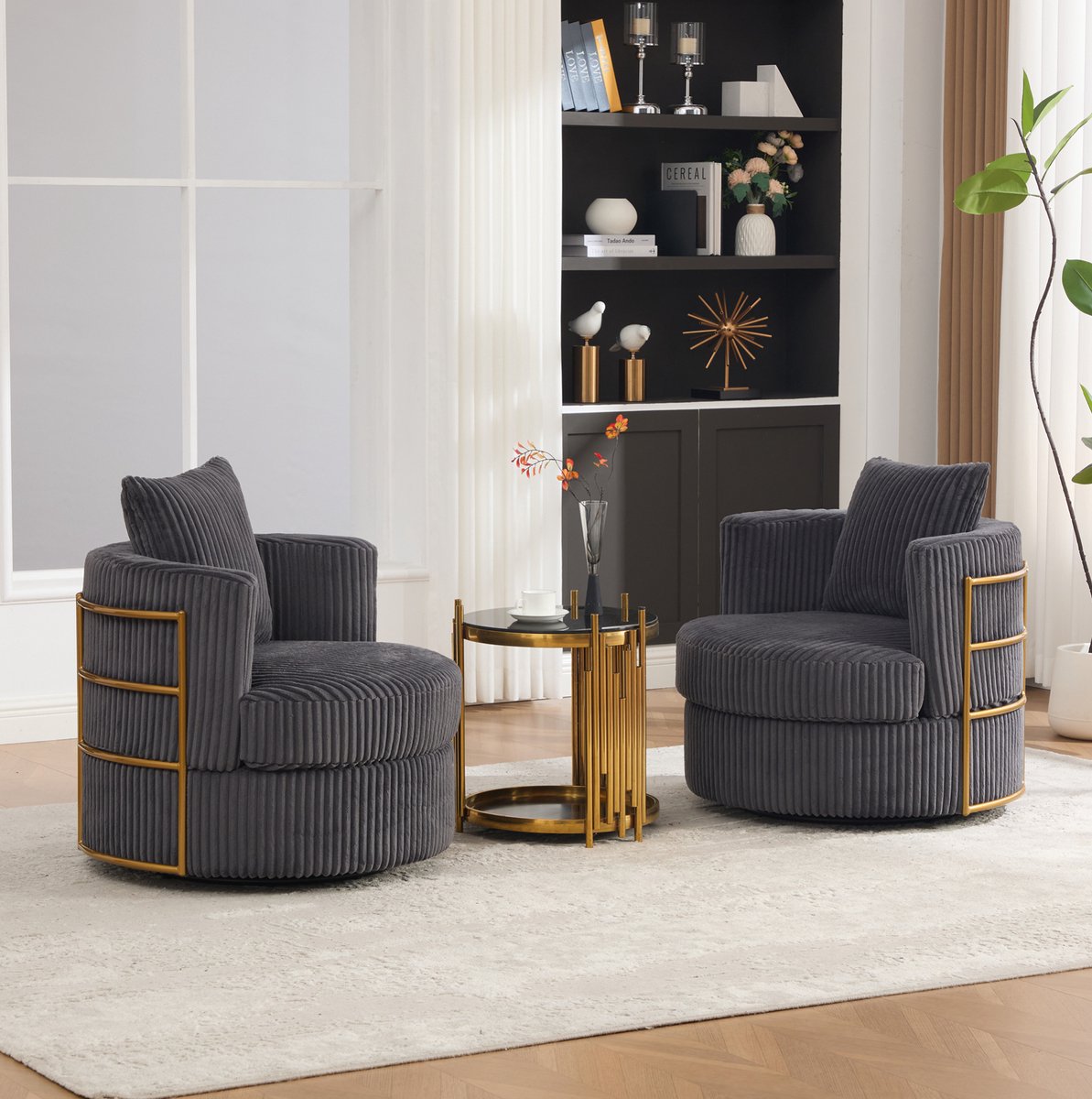 REDOM Fauteuilset - 360° draaibaar - Verborgen opbergruimte onder zitting - Corduroy bekleding - Met armleuningen - Grijs - 76 x 79 x 78 cm
