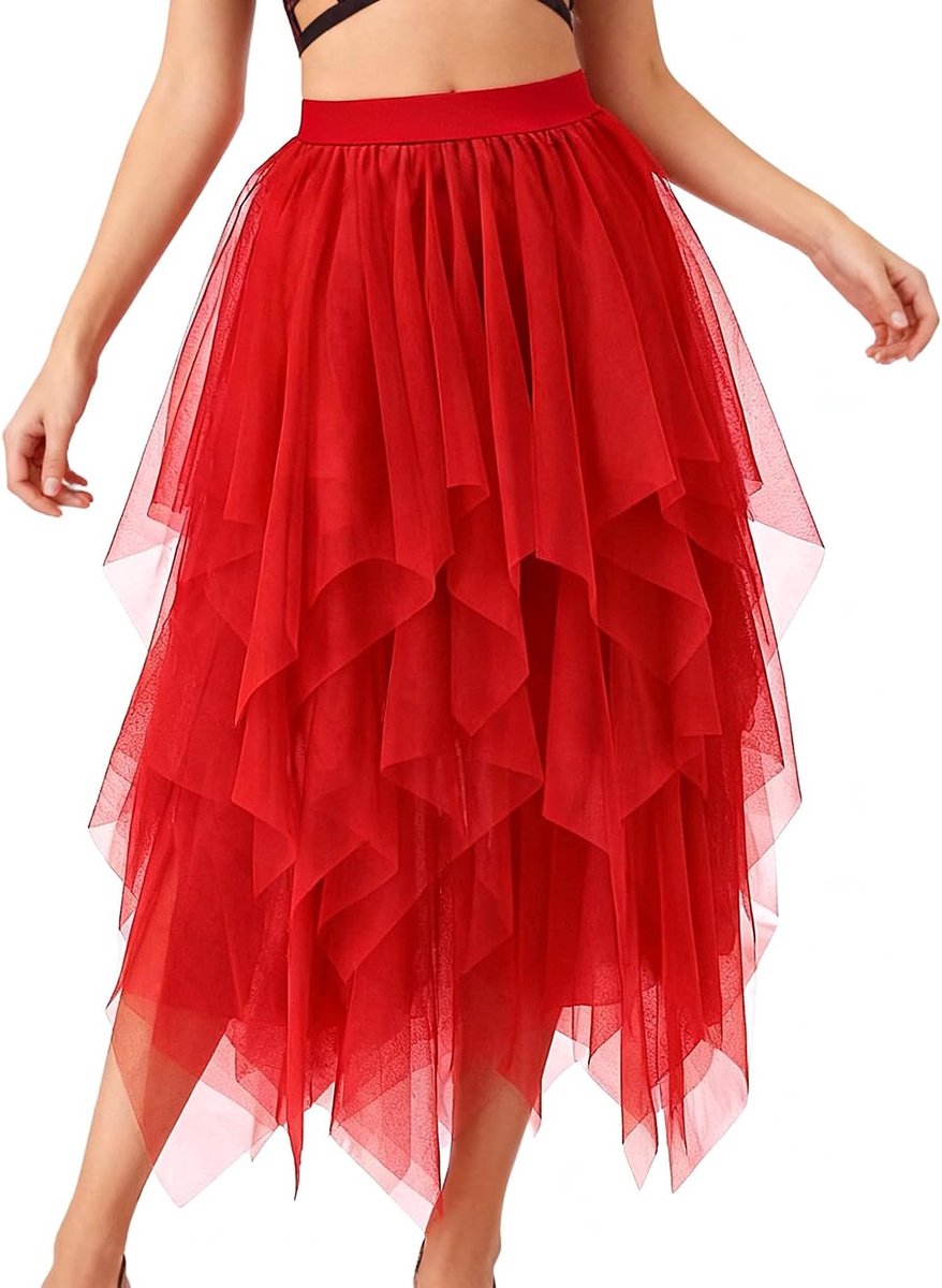 rok voor dames, A-lijn, hoge getailleerde rok, High Low Layered Puffy rok, elegante onregelmatige tule rok, lange zomerrok, meerlaagse mesh-rok voor eindexamenbal, carnaval