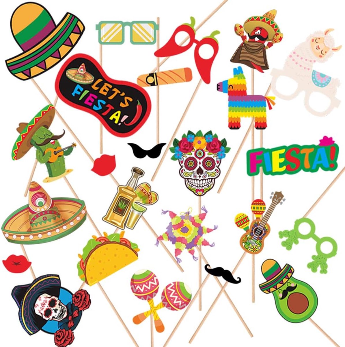 Fiesta Photo Booth Props, 24 stuks Mexicaans carnaval feestdecoratie benodigdheden, voor Mexicaanse decoratie bruiloft verjaardag babyshower