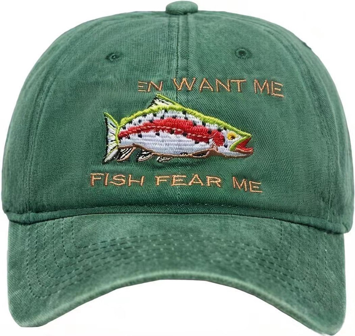 Want Me Fish Fear Me Hat - Men Embroidered Baseball Cap Green Low Profile Vintage Adjustable Washed