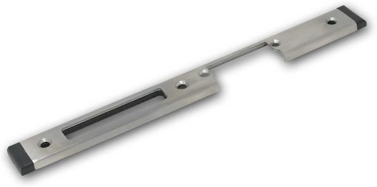 Sluitplaat voor linker deuren, hoogte 243mm, voor elektrische deuropeners, RVS (roestvrij), met dag- en nachtschootuitsparing
