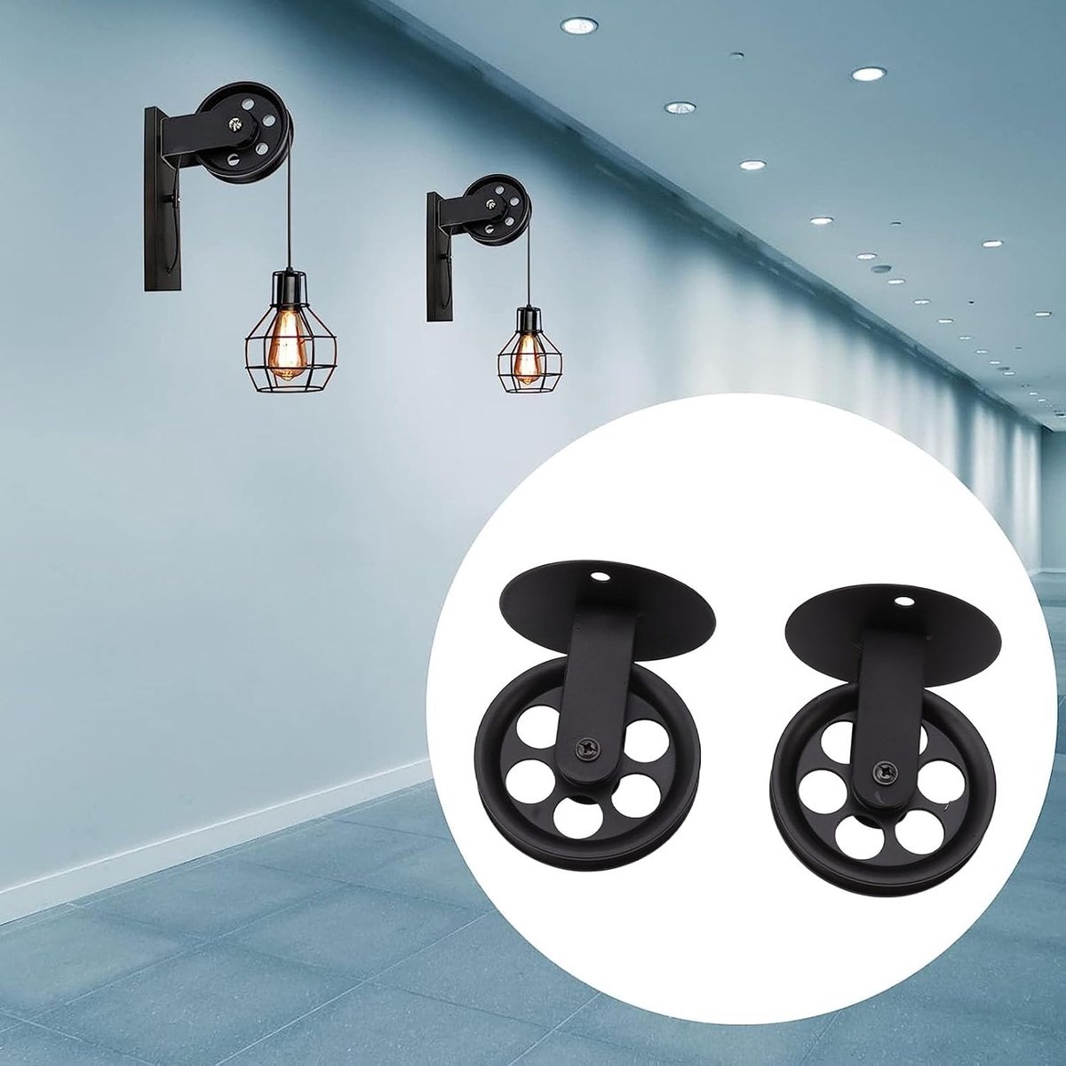 Hanglamp Pulley Set 2 Stuks - Zwart - IJzer - Vintage - Voor Plafond met Schuin of Boogvormig Ontwerp