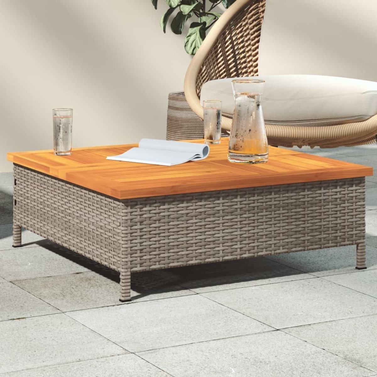 Tuintafel, grijs, 70 x 70 x 25 cm, rotan en acaciahout PLZ2286