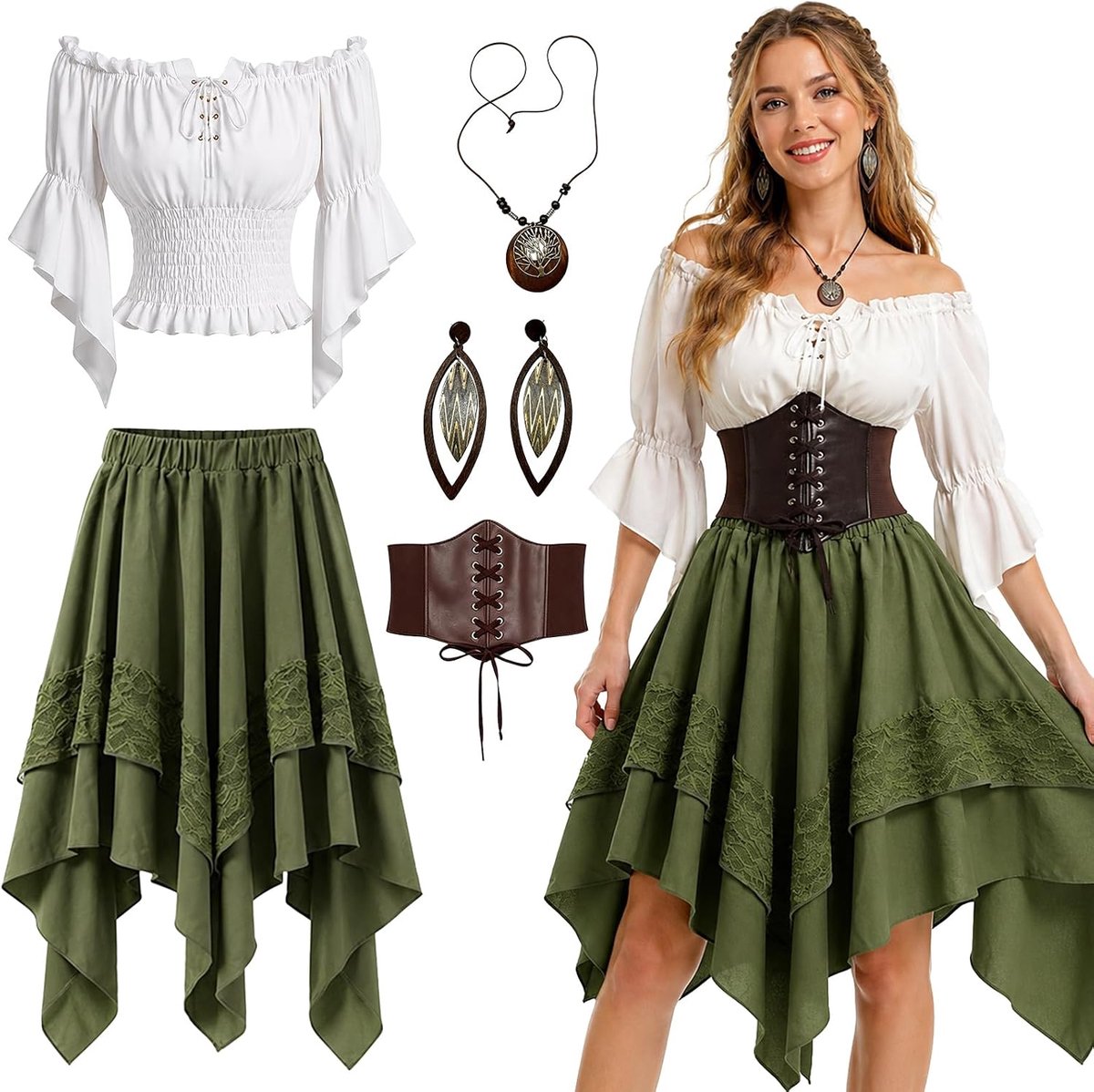 Kleding, 5-delig renaissance-kostuum met blouse, asymmetrische rok, korset met veters, halsketting en oorbellen, carnavalsjurk voor themafeesten, Halloween, historische evenementen