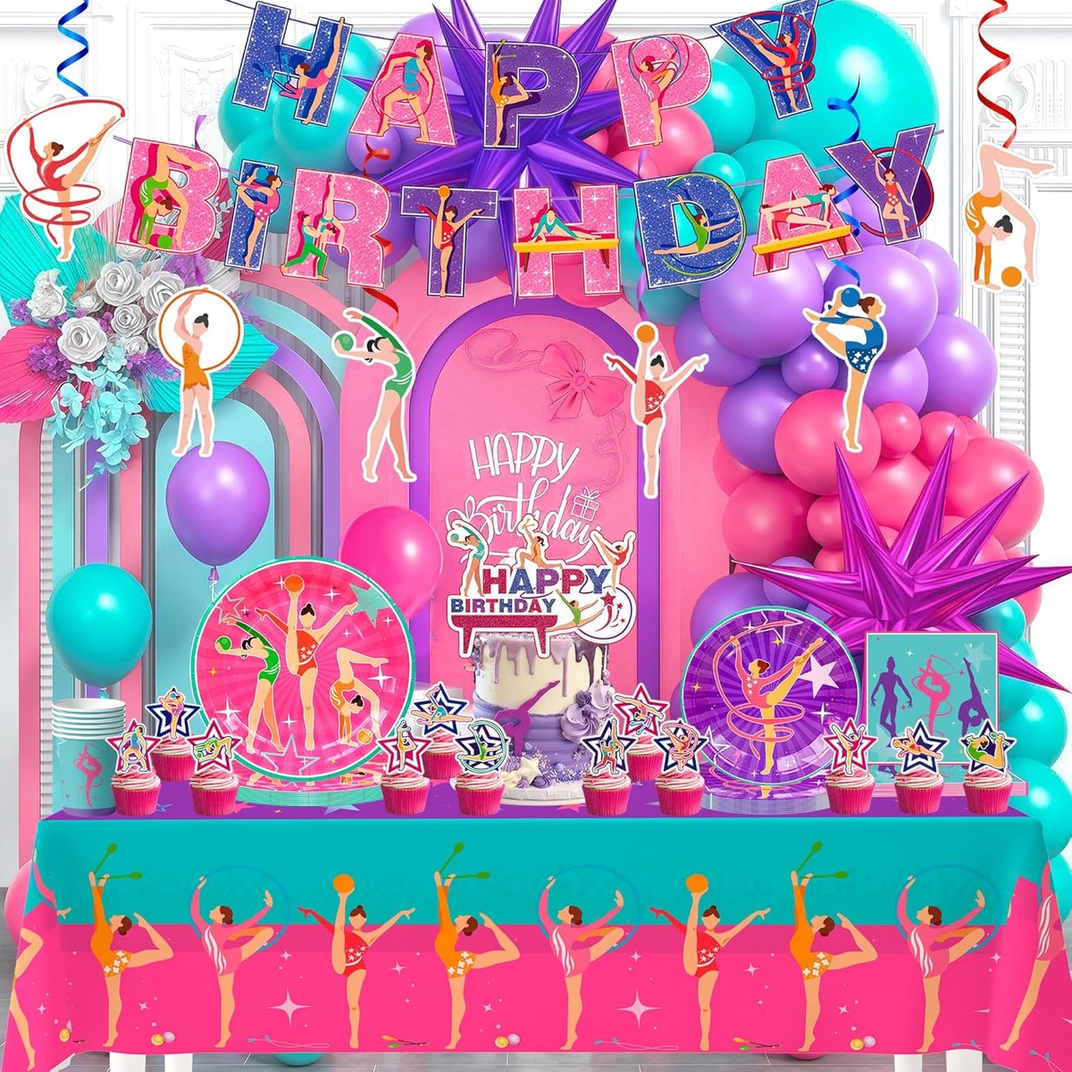 125 stuks, gymnastiek- en verjaardagsfeestbenodigdheden, bevat banner, ballonnen, borden, servetten, tafelkleed, taartdecoraties, enz., gymnastiek