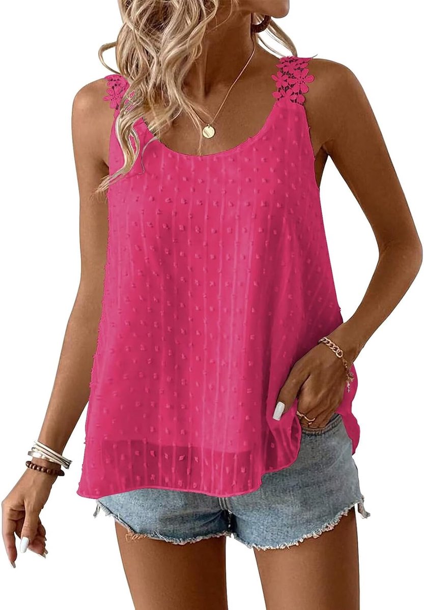Tank Top Dames Zomer Boho Blouse Mouwloos Tops Vloeiend Elegant Ronde Hals Bloemen Camisole Casual Kant Outfits