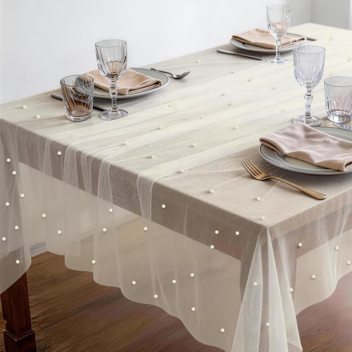 Tafelloper tule met parels, 150 x 210 cm, parelkant, organza stof, tafelkleed, tule stof, tafeldecoratie voor bruiloft, bruidsfeest, verjaardagsfeest, bruiloftsboog keuken (B)