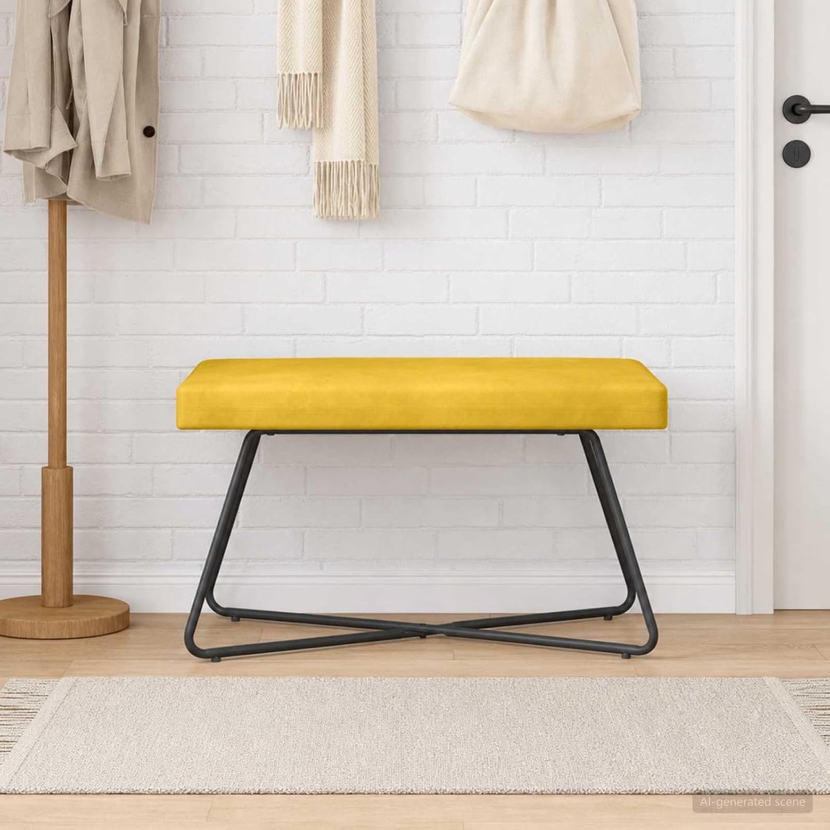 Bank geel fluweel, 80 x 40 x 45 cm, gestoffeerde bank met fluwelen bekleding, zitbank voor woonkamer en hal, modern design, comfortabele kruk bank in geel