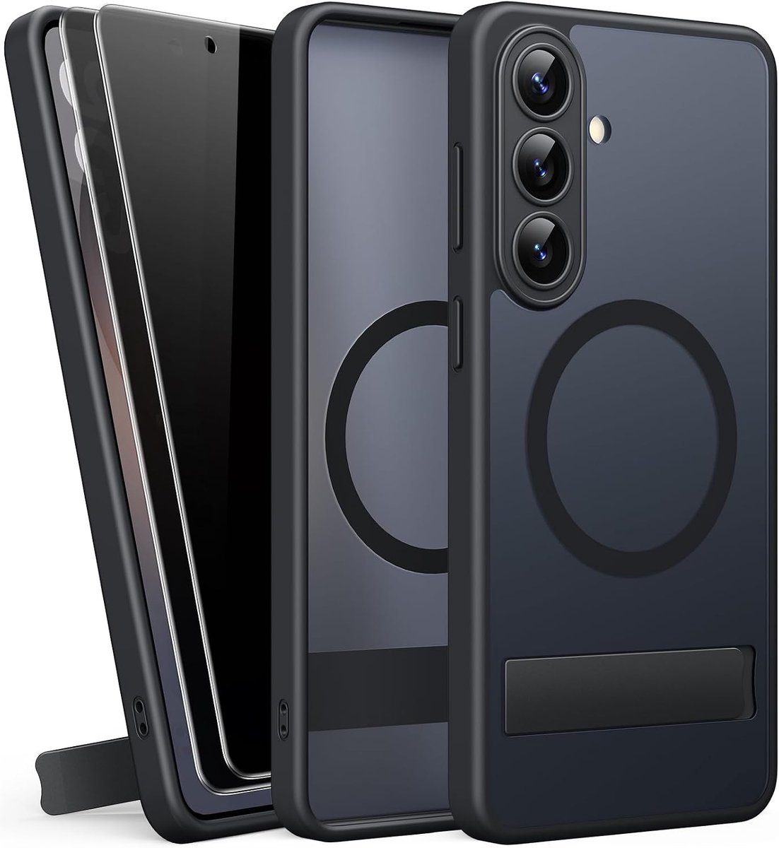 Case voor Samsung Galaxy S26 met 2 Stuks Privacy Screen protectors, Compatibel met MagSafe, Ingebouwde Standaard, Volledige Camerabescherming, Schokbestendig Siliconen Hoesje, Zwart