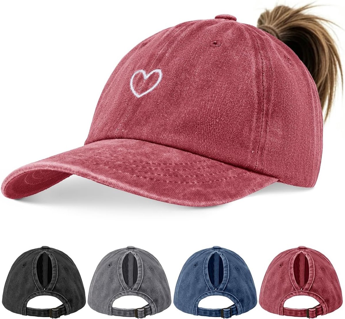 Paardenstaart, baseballpet voor dames, vintage, verstelbaar, met vlechtgat, ademend, zonwering, baseballcap voor sport, zomer, outdoor, vrije tijd
