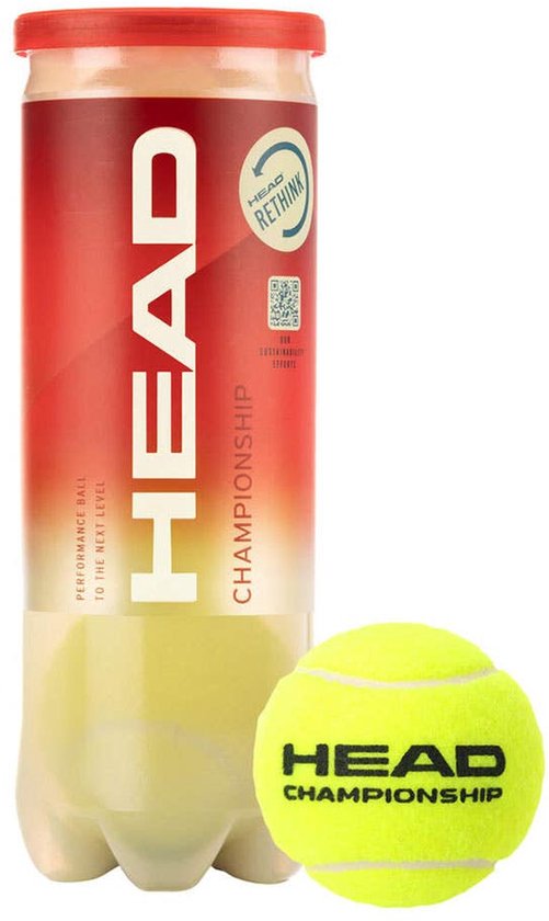 Een blik HEAD Championship tennisballen met een rode en gele opdruk. Eén tennisbal ligt ernaast.