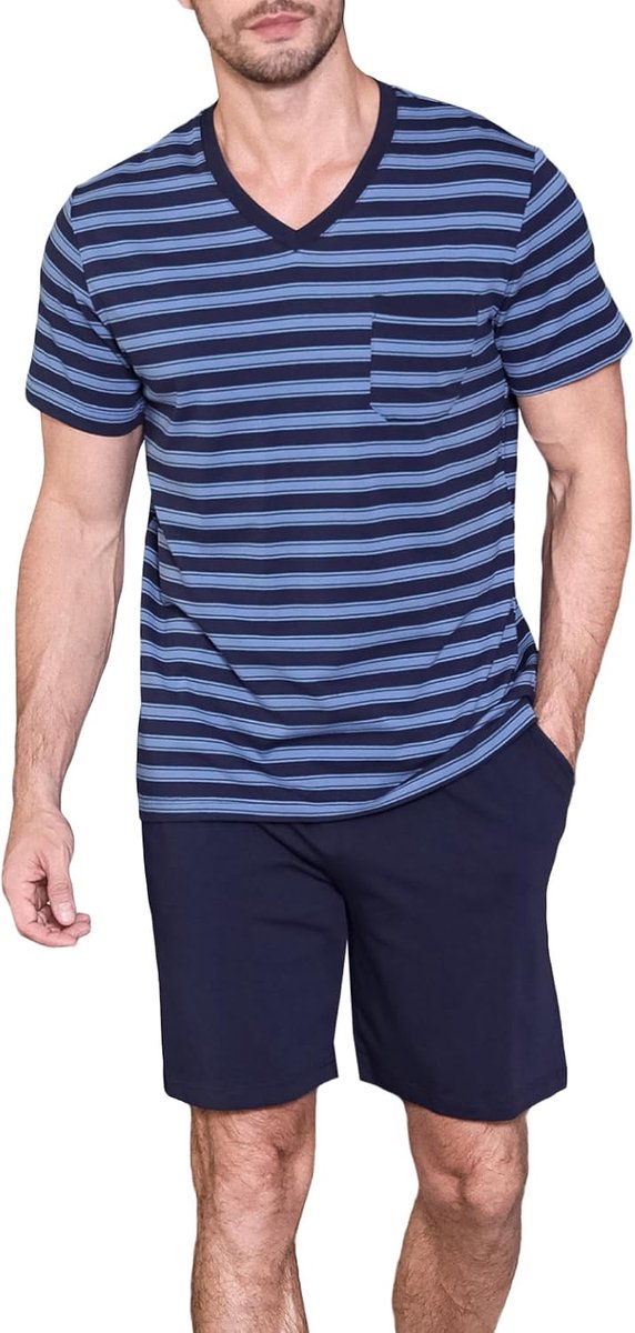 Herenpyjama met korte mouwen, korte katoenen nachtkleding, nachtkleding, set met V-hals en strependesign