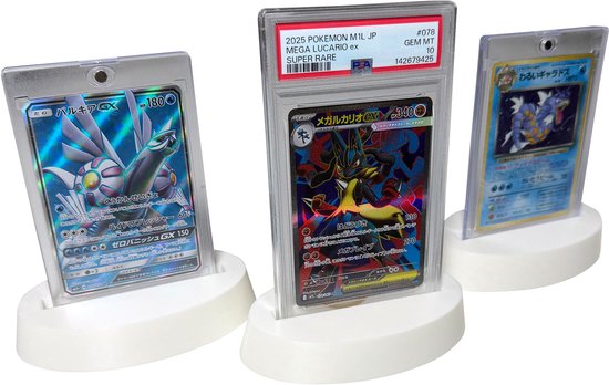 Drie witte displays met Pokemon kaarten: 2025 POKÉMON M1L JP MEGA LUCARIO EX SUPER RARE #078 GEM MT 10 142679425.