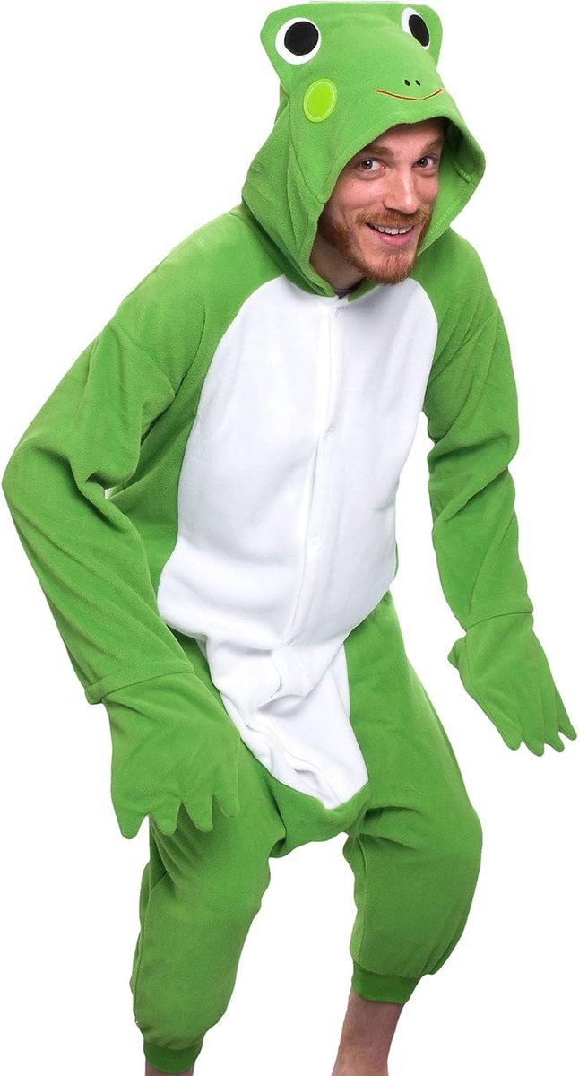 Adult Onesie Halloween Costume - Animal Dinosaur Shark - Unisex Plush One Piece Cosplay Suit for Adults, Men and Women (Small, Toad)