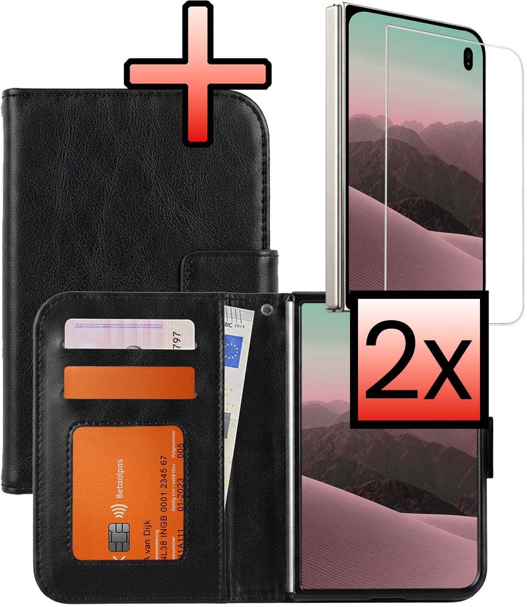 Hoesje - Met 2x Screenprotector - Geschikt voor Apple iPhone Duo - Luxe Pasjeshouder - Bookcase Portemonee - Flip Case - Kunstleer Book Case - Flipcase Hoes - Book Cover - Walletcase - Portemonneehoes - Zwart