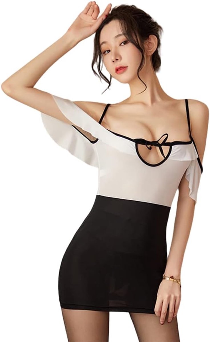 Sexy Sling Secretaris Cosplay Anime Jurk Holle Kant Off Shoulder Uniform (zwart)