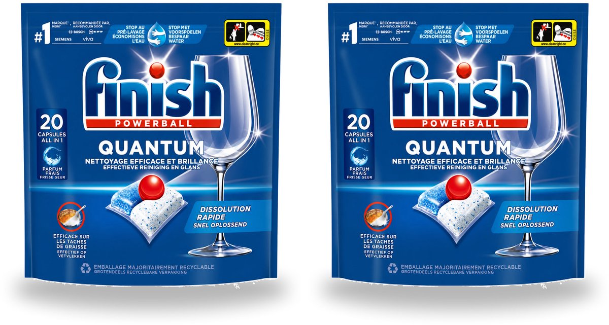 2 x Finish - Vaatwasmiddel - Quantum Vaatwastabletten Regular - Diepe Reiniging - 20 capsules - Voordeelverpakking - 2 stuks