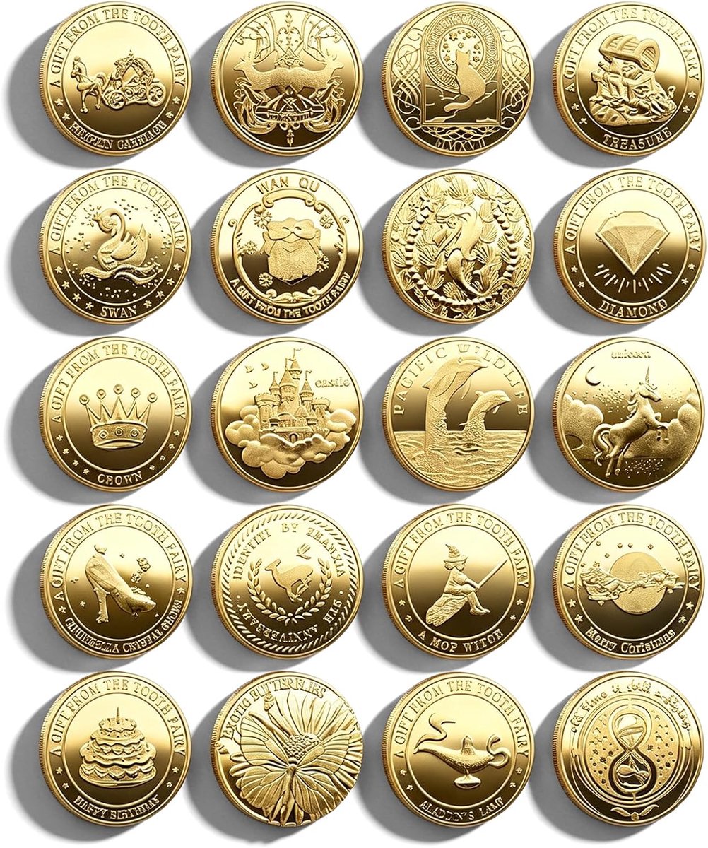 20 stuks tandfee munten, gouden tandfee munten, cadeau voor tanden met verschillende patronen, tandgeschenken voor meisjes en jongens, Tooth Fairy munten, feeëntanden voor verloren tanden, kinderen