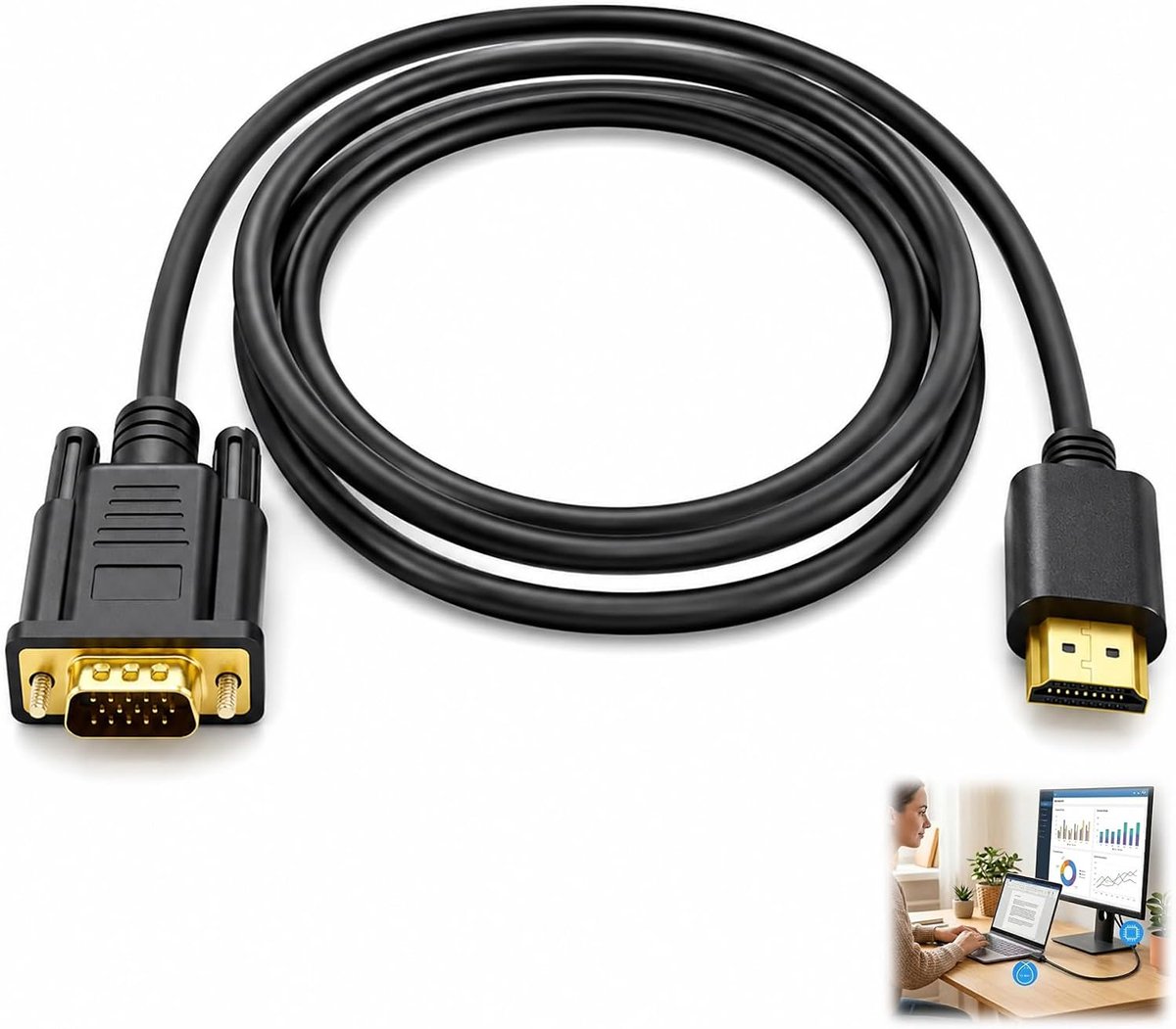 Naar VGA-kabel, 2 m, 1080p, converterkabel, adapter, HDMI VGA naar stekker, verguld, voor laptop, Xbox, PS5, Switch, tv-box naar monitor, projector, HDTV, digitaal naar analoog