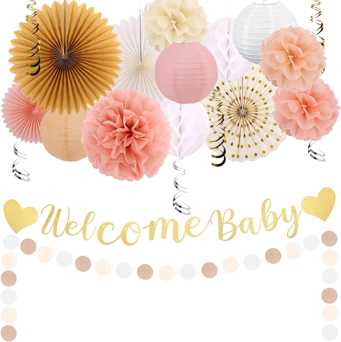 Babyshowerdecoraties, Champagnegoud Welkom Babybanner met Papieren Lantaarns Waaierdecoratie Pompons van Tissuepapier en Slinger voor Meisjes Herfstfeestbenodigdheden