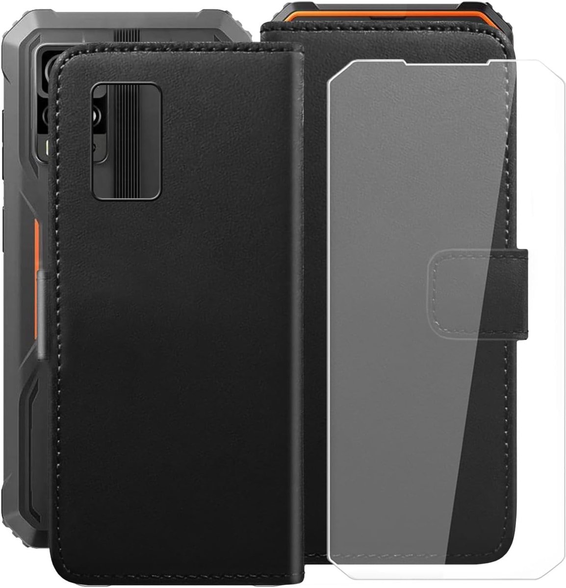 Hoes voor Blackview BV4800 Pro (6,56 inch), flipcover + gehard glas, PU lederen flip standaard, kaartsleuven, case, hoes met 9H hardheid displaybeschermfolie, zwart