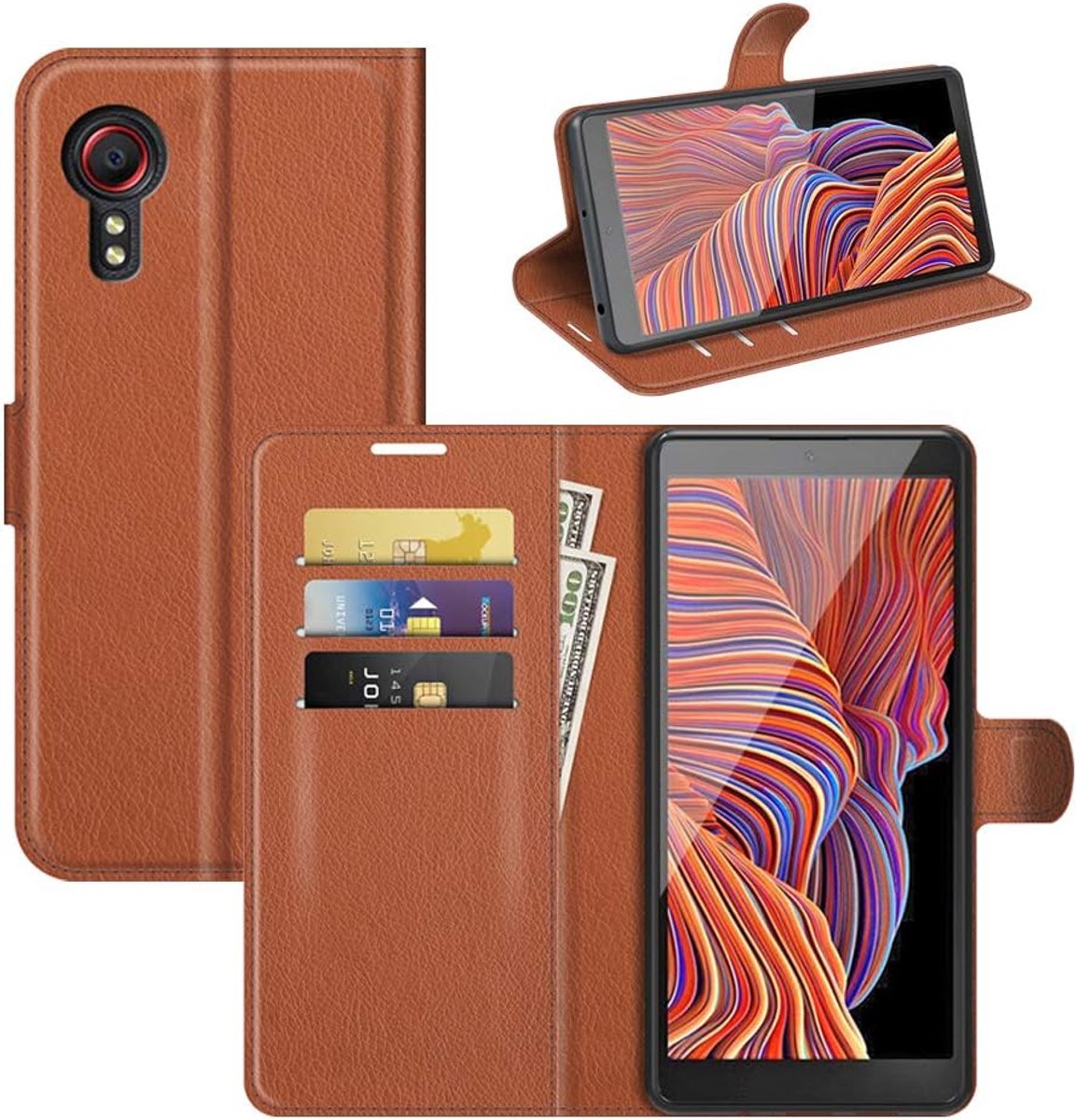 Hoesje voor Samsung Galaxy XCover 5, Lederen Phone Case Flip Cover met Kaarthouder, Staan, Siliconen Bumper en Magnetische Sluiting Holster Etuis Skin voor Samsung Galaxy XCover 5, Bruin