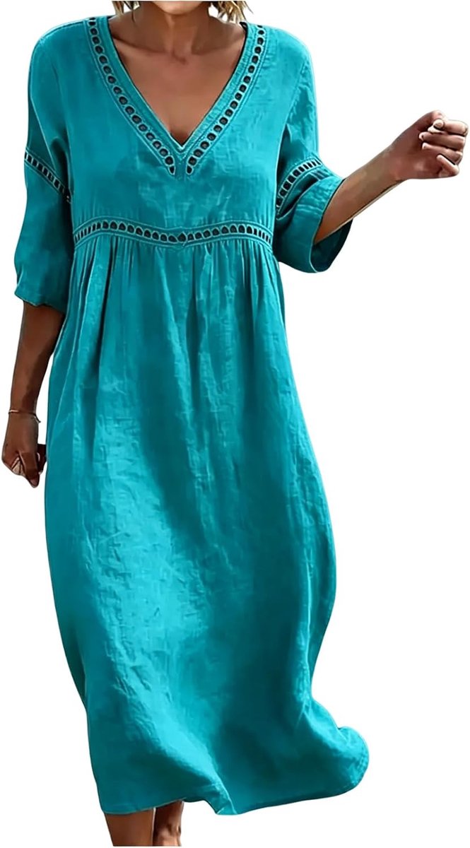 V-hals linnen jurk, effen, midi lengte, strandjurk, zomer
