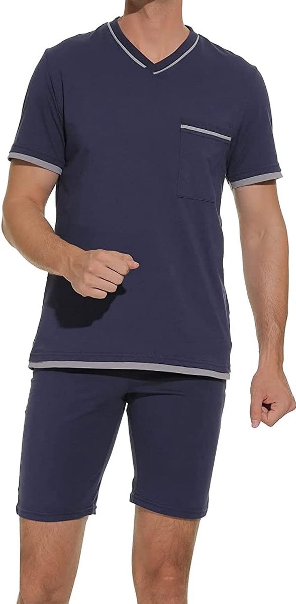 Herenpyjama met bermudabroek, Mannen Pyjama, Blauw, XXL