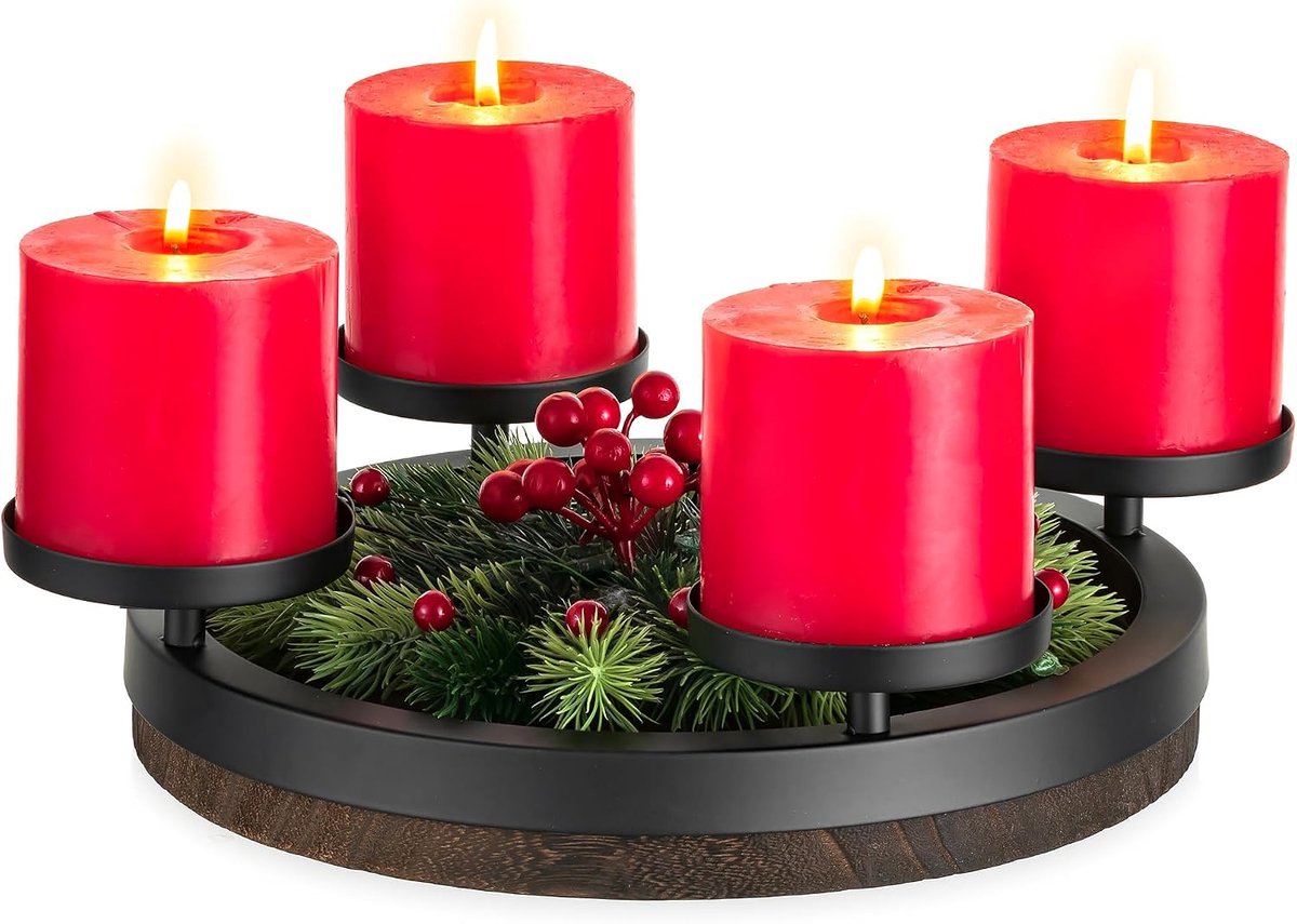 Adventskrans hout decoratie adventsdienblad: rond houten dienblad met 4 metalen kaarsenhouders voor stompkaarsen vintage adventsstuk kaarsendienblad adventskaarsenhouder voor kerstdecoratie