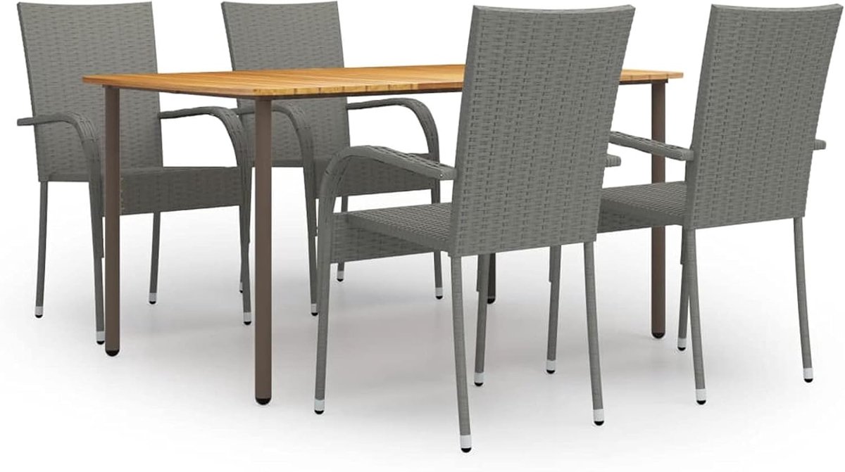 Eetkamerset, voor de tuin, buiten, van polyrotan grijs en hout, tafel en stoelen, voor buiten, tafel en 4 armleuningen voor de tuin, 5 stuks