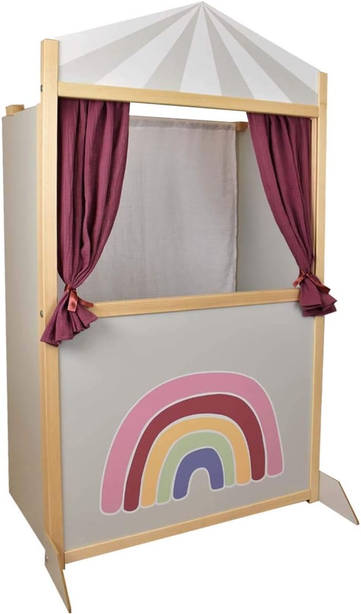 Houten regenboog poppentheater in de kleuren bessengrijs en natuur