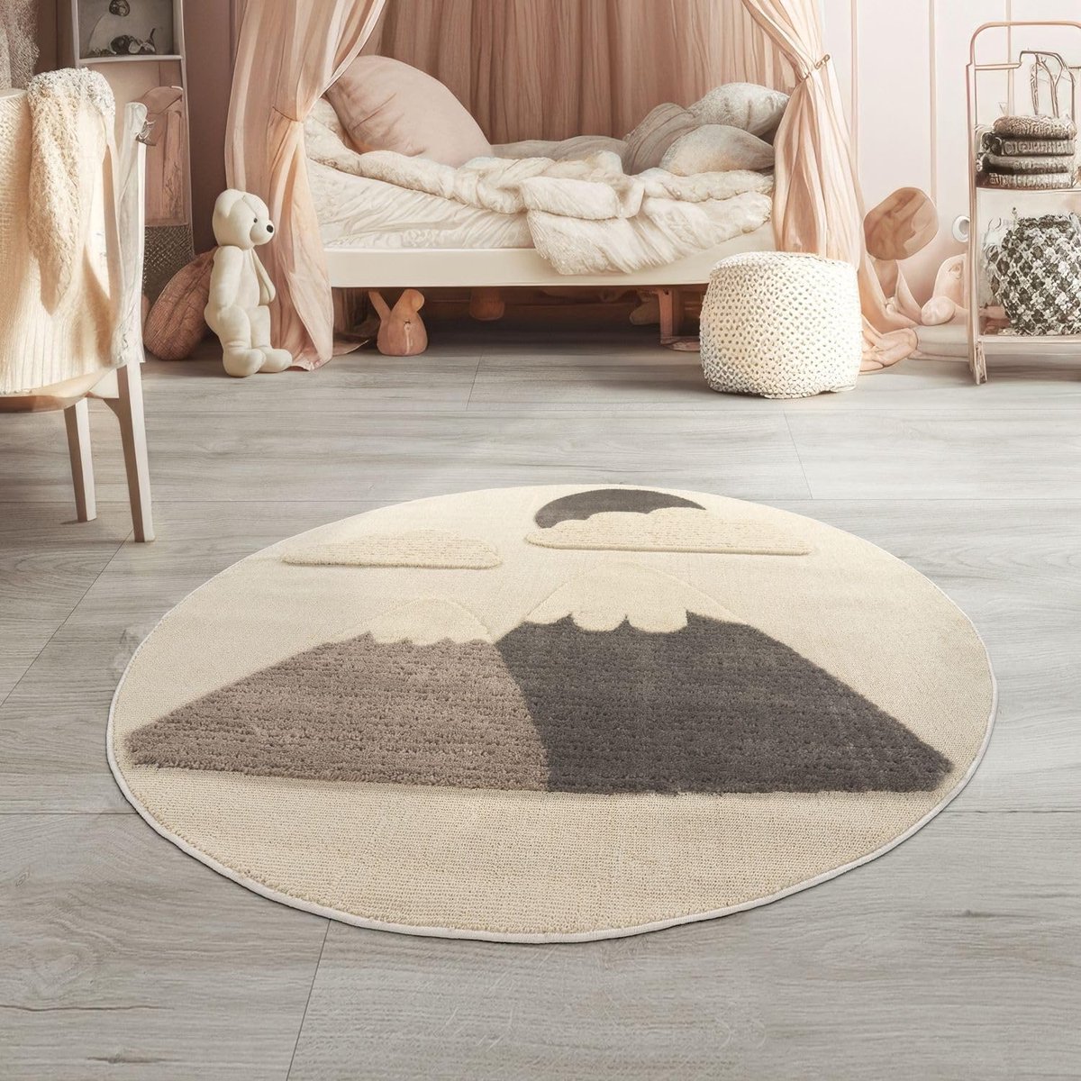 Home Vloerkleed Kinderkamer Meisjes Jongens Zon 3D Modern Soft Fluffy, Kleur:Donker Beige Donker Crème, Maat:120 cm rond