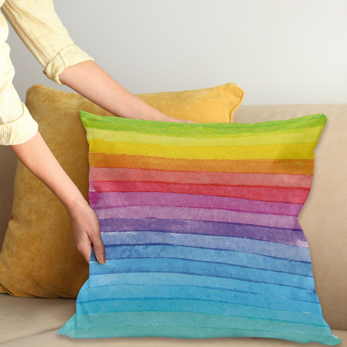 ABAKUHAUS Abstract Sierkussenhoes, Regenboog Gekleurd Horizontal Gestreept Lijnen Levendig Hand Getekend Ontwerp, Decoratieve Vierkante Sierkussenhoes, 50 x 50 cm, Blauw Geel