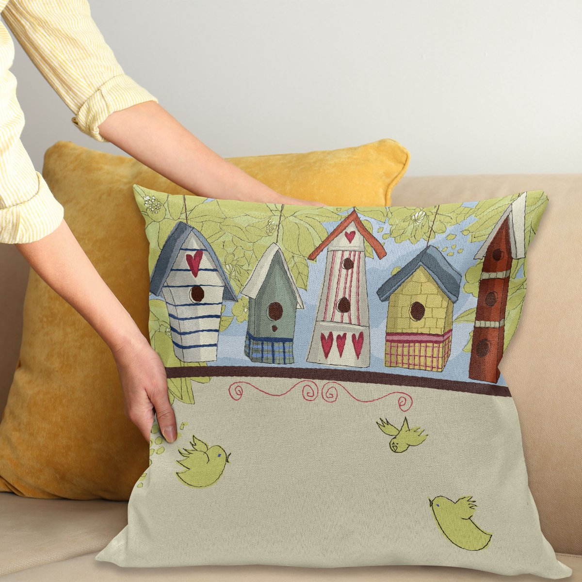 ABAKUHAUS Dier Sierkussenhoes, Row van Birdhouses met Vogels Harten Bladeren en Bloemen Illustratie Print, Decoratieve Vierkante Sierkussenhoes, 45 x 45 cm, Pistachio Groen