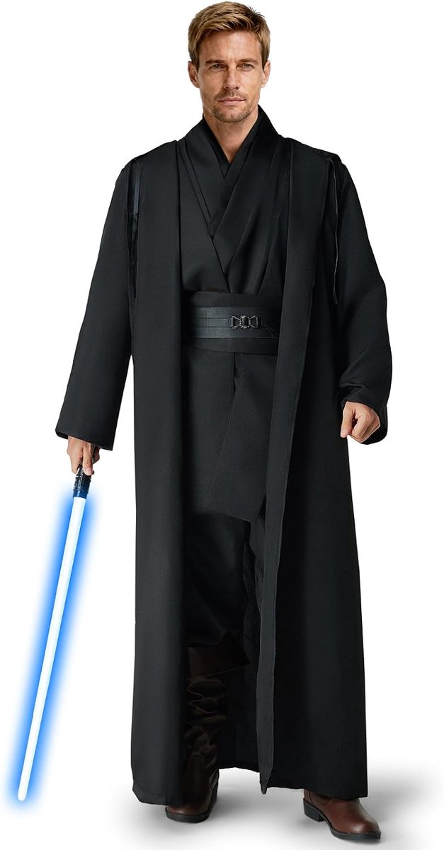 Jedi-kostuum voor heren, jedi-gewaad, set jedis-outfit, volwassenen, voor volwassenen, met blauwe lichtzwaar, capuchon en middeleeuwse tuniek voor Halloween, carnaval