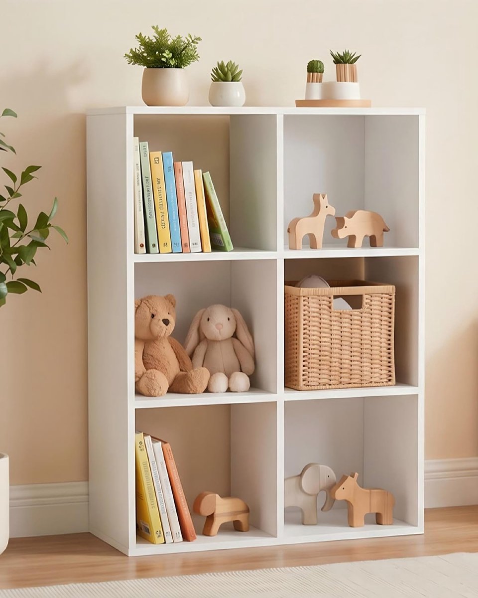 Boekenkast, kubusrek, wit rek met 6 vakken, open houten rek, staand rek, ruimteverdeler, kantoorrek, multifunctionele kast voor woonkamer, slaapkamer, kantoor en kinderkamer