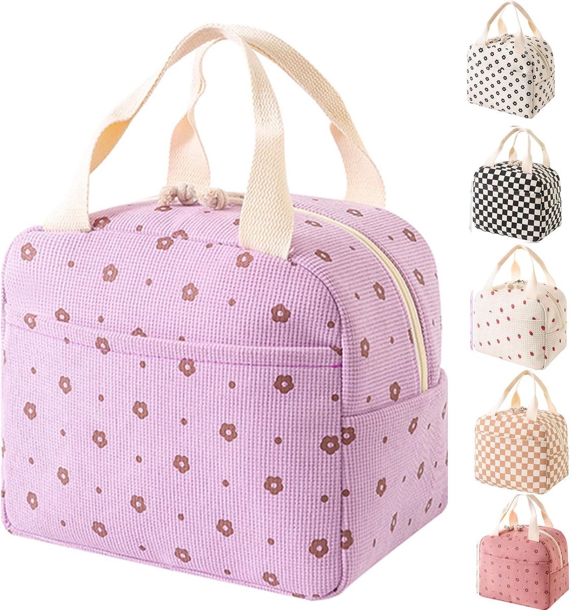Lunchtas, geïsoleerde boodschappentas voor vrouwen, corduroy geïsoleerde lunchtas, koeltas, lunchorganizer voor volwassenen en kinderen, picknick, werk buiten (Lila Blume)